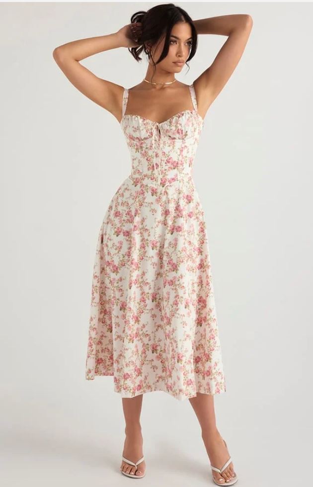 Floral Sweetheart Corset Tie Front High Split Maxi Dress 3