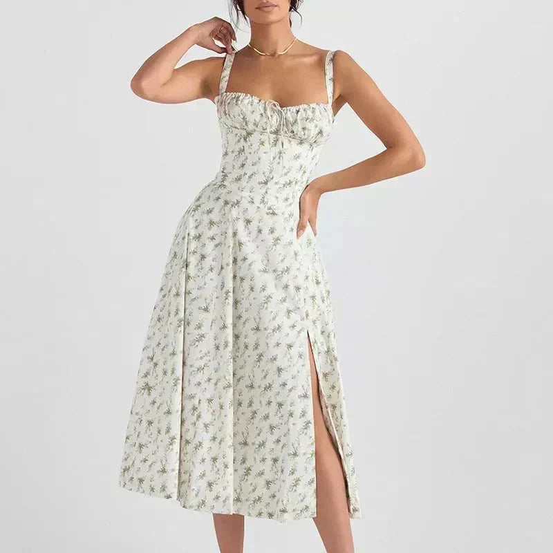 Floral Sweetheart Corset Tie Front High Split Maxi Dress 6