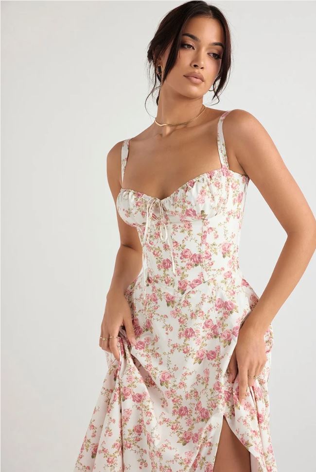 Floral Sweetheart Corset Tie Front High Split Maxi Dress
