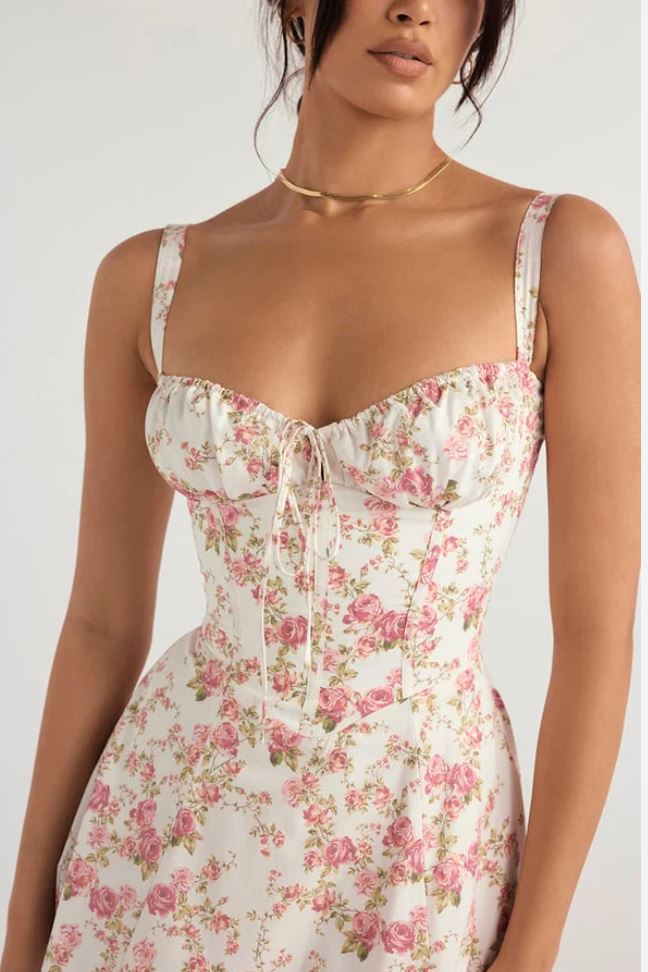 Floral Sweetheart Corset Tie Front High Split Maxi Dress 2