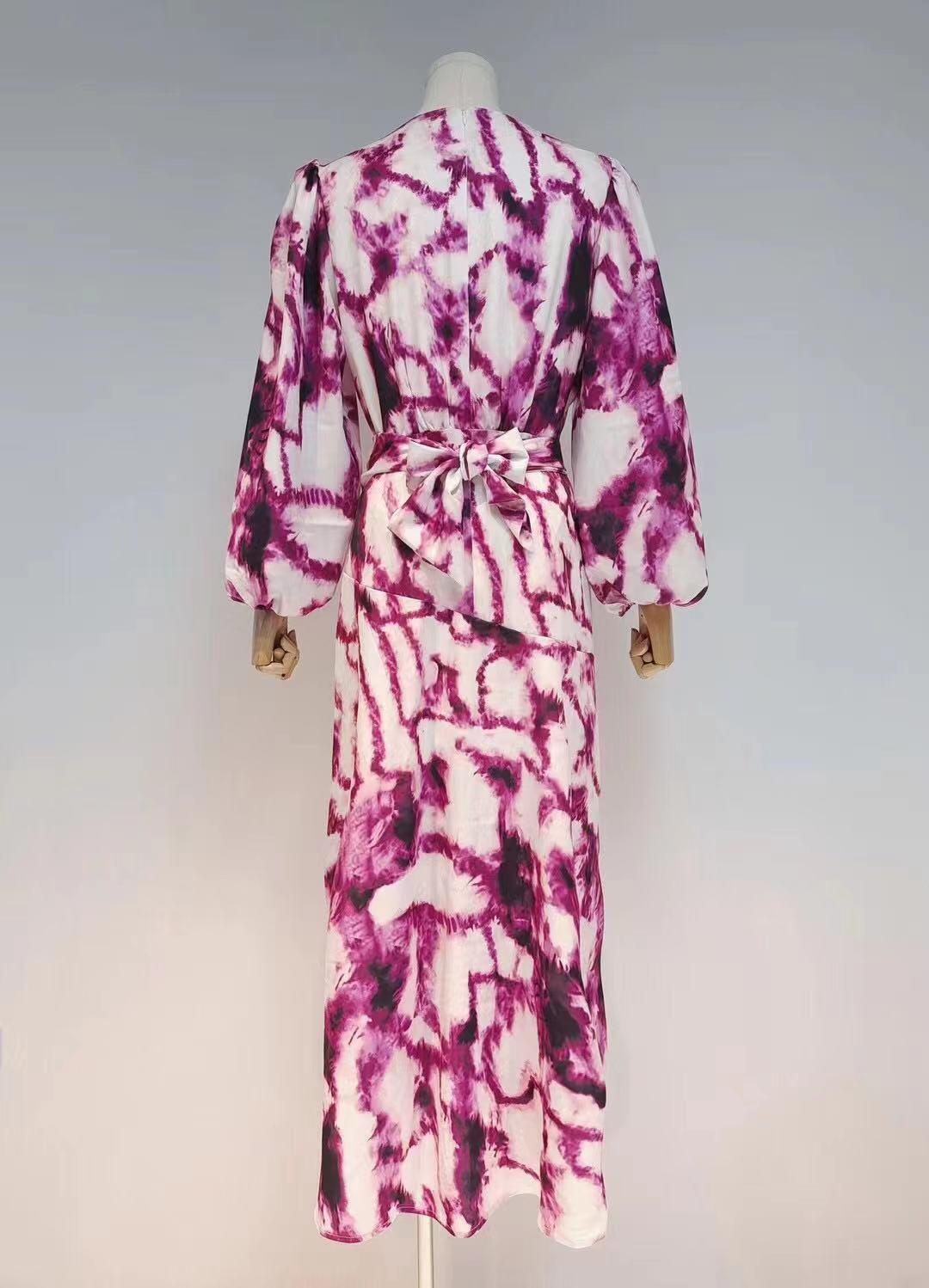 Tie-Dye Print V-Neck Puff Sleeve Belted Maxi Dress