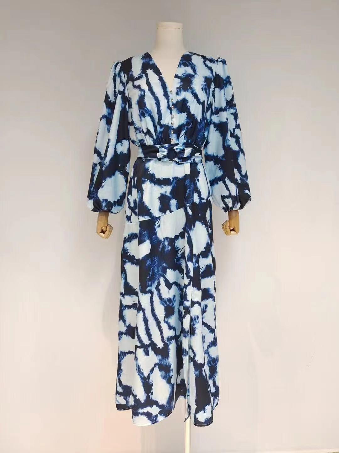 Tie-Dye Print V-Neck Puff Sleeve Belted Maxi Dress