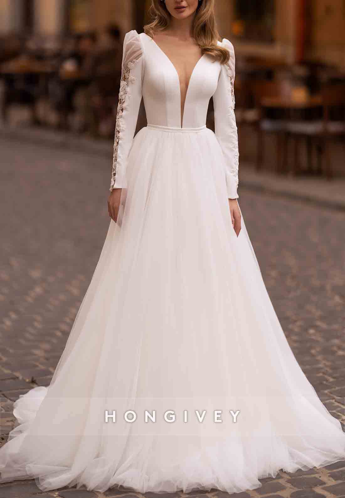 Cut out Back A-line Court Train V Neck Long Sleeve Wedding Dresses