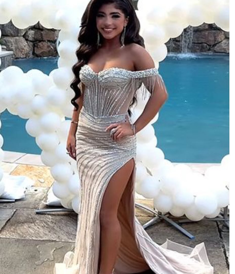 Sweetheart Sheath Sleeveless High Slit Stripe Beaded Prom Dress with Detachable Overskirt Party Gowns
