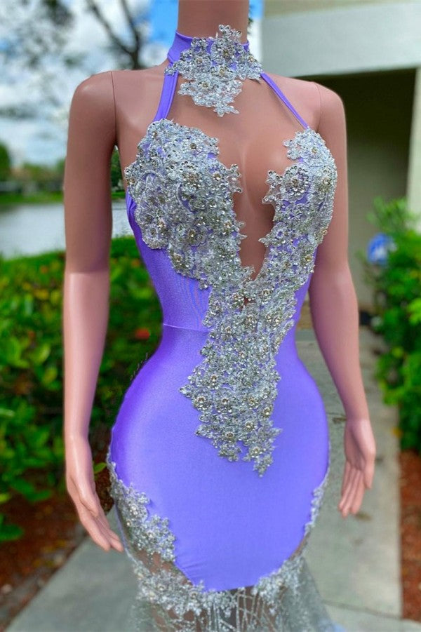 Lavender High Neck Prom Dress Mermaid Appliques With Feather - Fashionpara