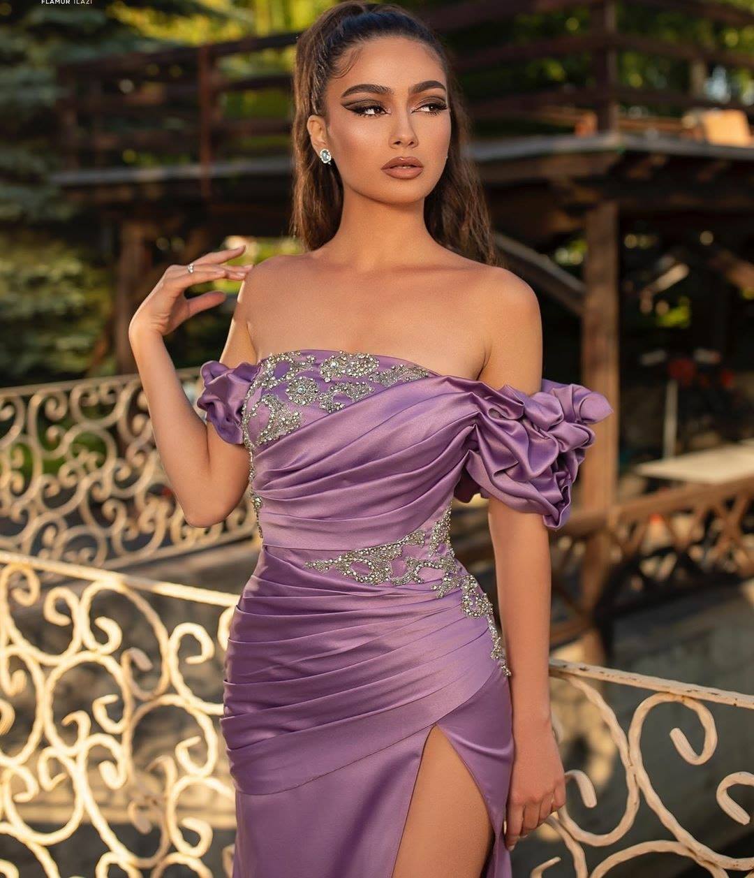 Lavender Off-the-Shoulder Prom Dress Slit Long - Fashionpara