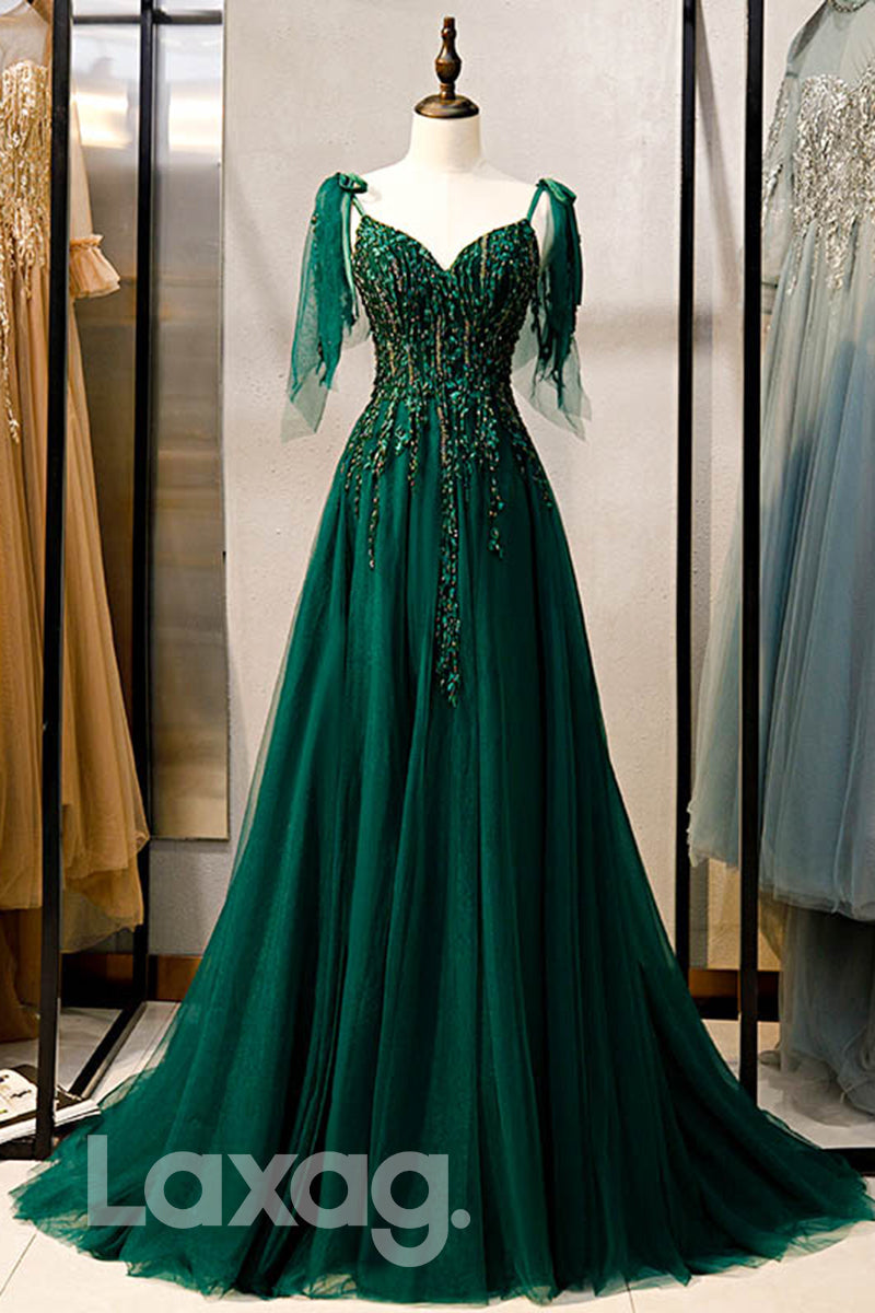 Embellished Straps V-Neck Lace-Up Back Dress With Train - Fashionpara