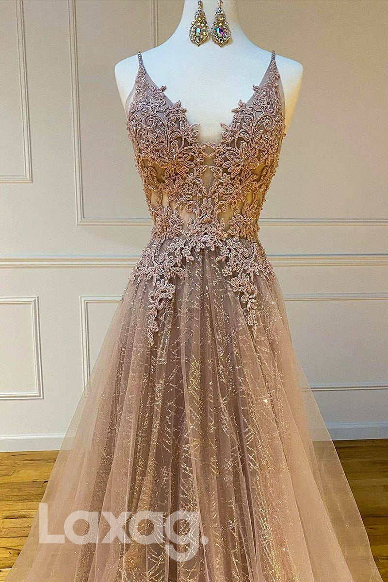 Metallic Glitter Illusion Cutout Lace Applique Tulle Gown - Fashionpara