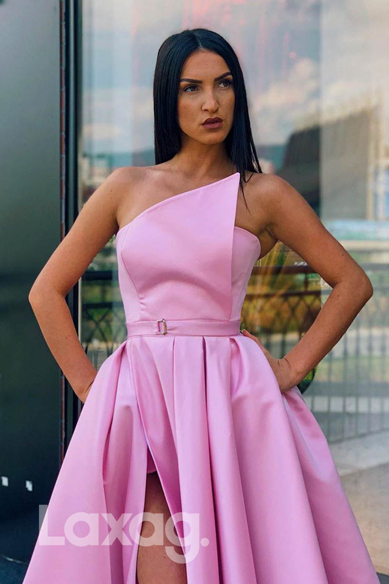 Asymmetrical Satin A-Line Pleated Dress With Slit - Fashionpara