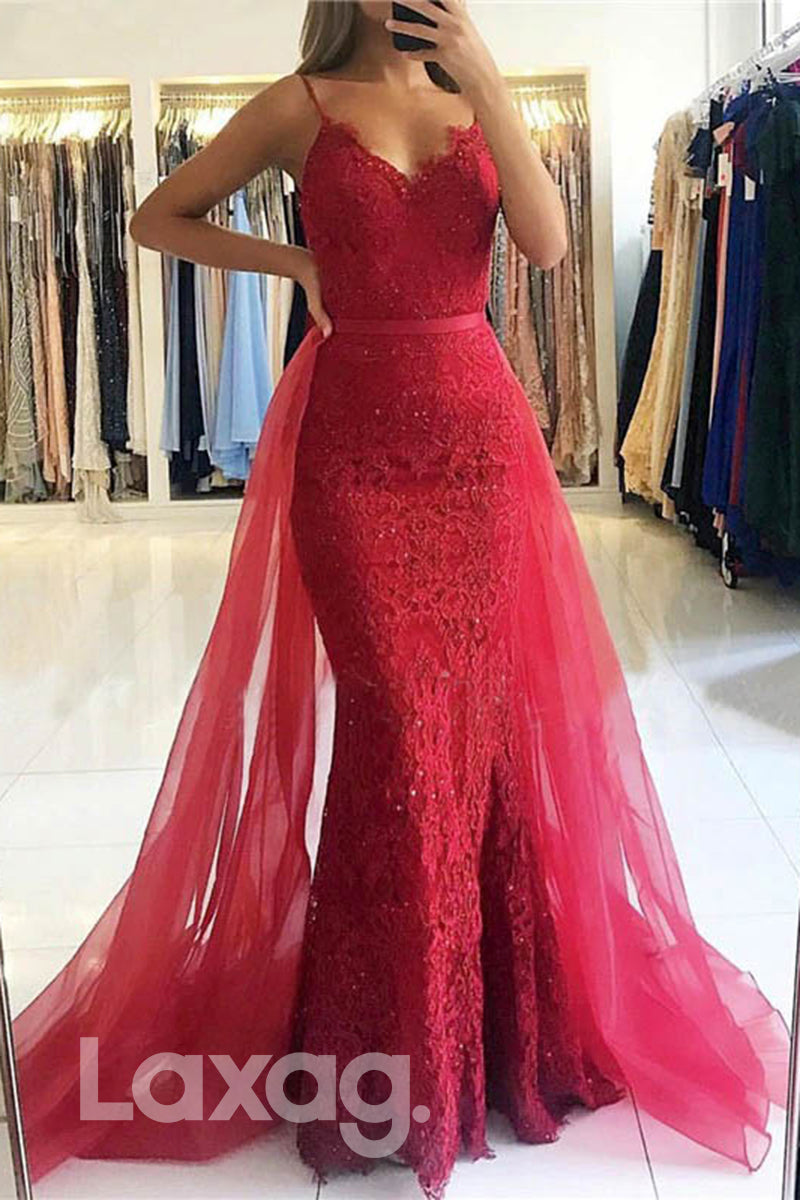 Allover Lace Straps V-Neck Sheath Dress With Overlay - Fashionpara