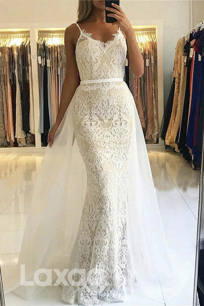 Allover Lace Straps V-Neck Sheath Dress With Overlay - Fashionpara