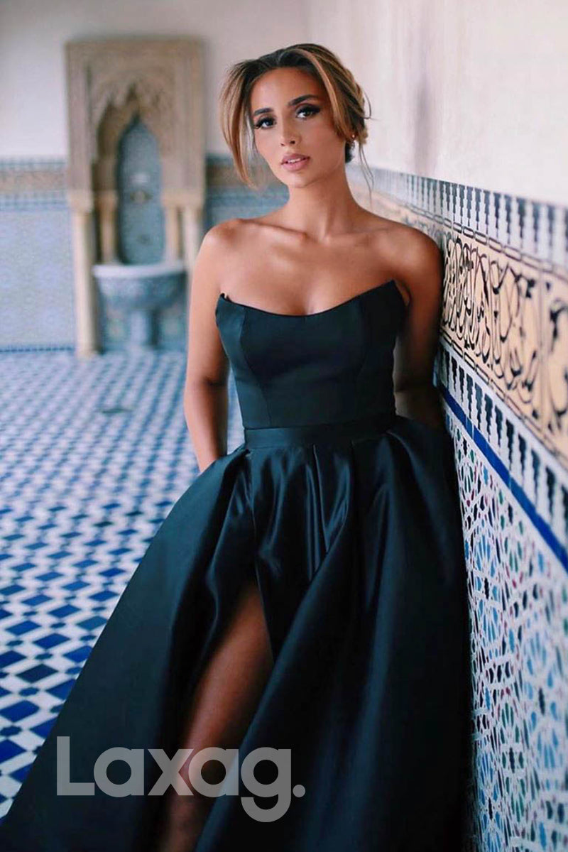 Straps Sleeveless Pleated Satin A-Line Slit Gown - Fashionpara