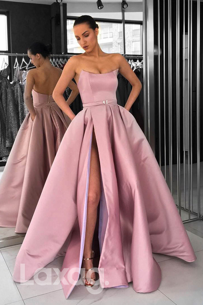 Straps Sleeveless Pleated Satin A-Line Slit Gown - Fashionpara