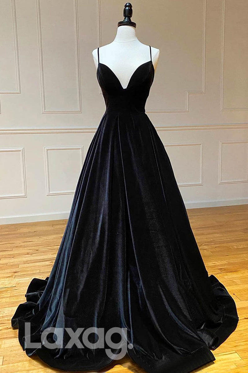 V-Neck Straps Pleated Velvet Evening Dress With Corset - Fashionpara