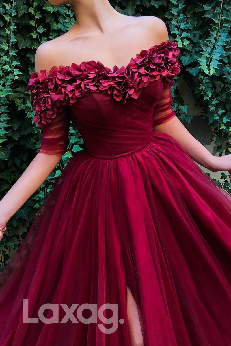 Embellished Off-Shoulder Pleated Short Sleeve Tulle Gown - Fashionpara