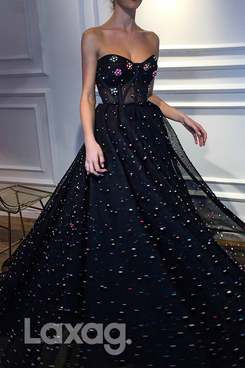 Rhinestone Sheer Sweetheart A-Line Fitted Dress - Fashionpara