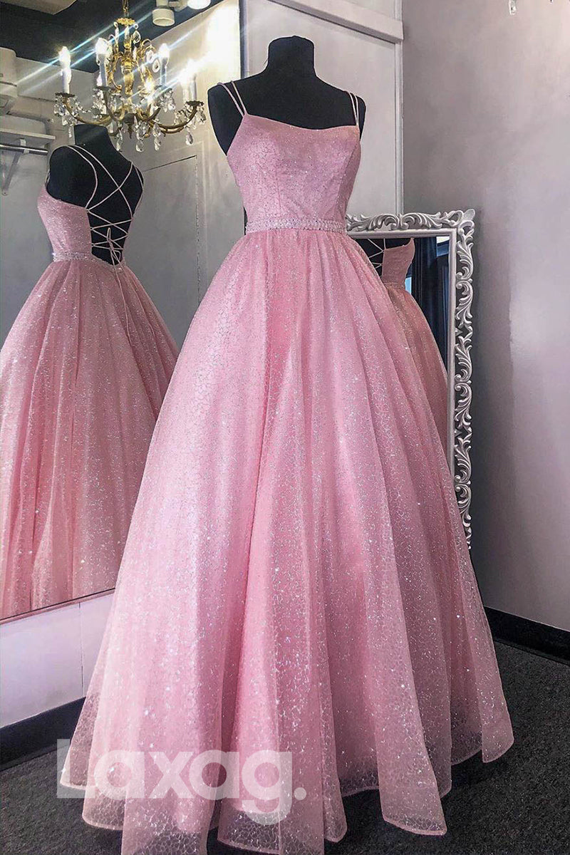 Metallic Shiny Tiered Bodice Open Back Pleated Ballgown - Fashionpara