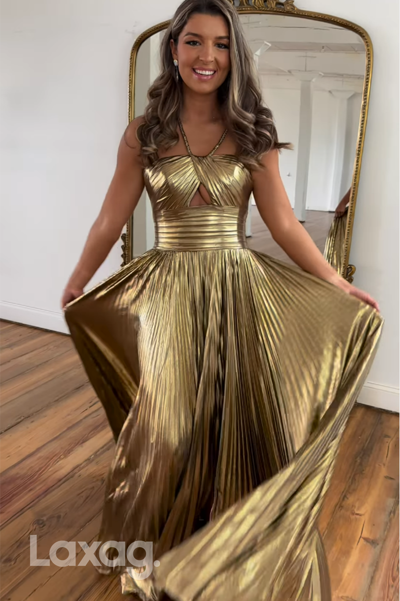 20721 - A Line Halter Ruched Long 2024 Semi Formal Prom Dress with Slit