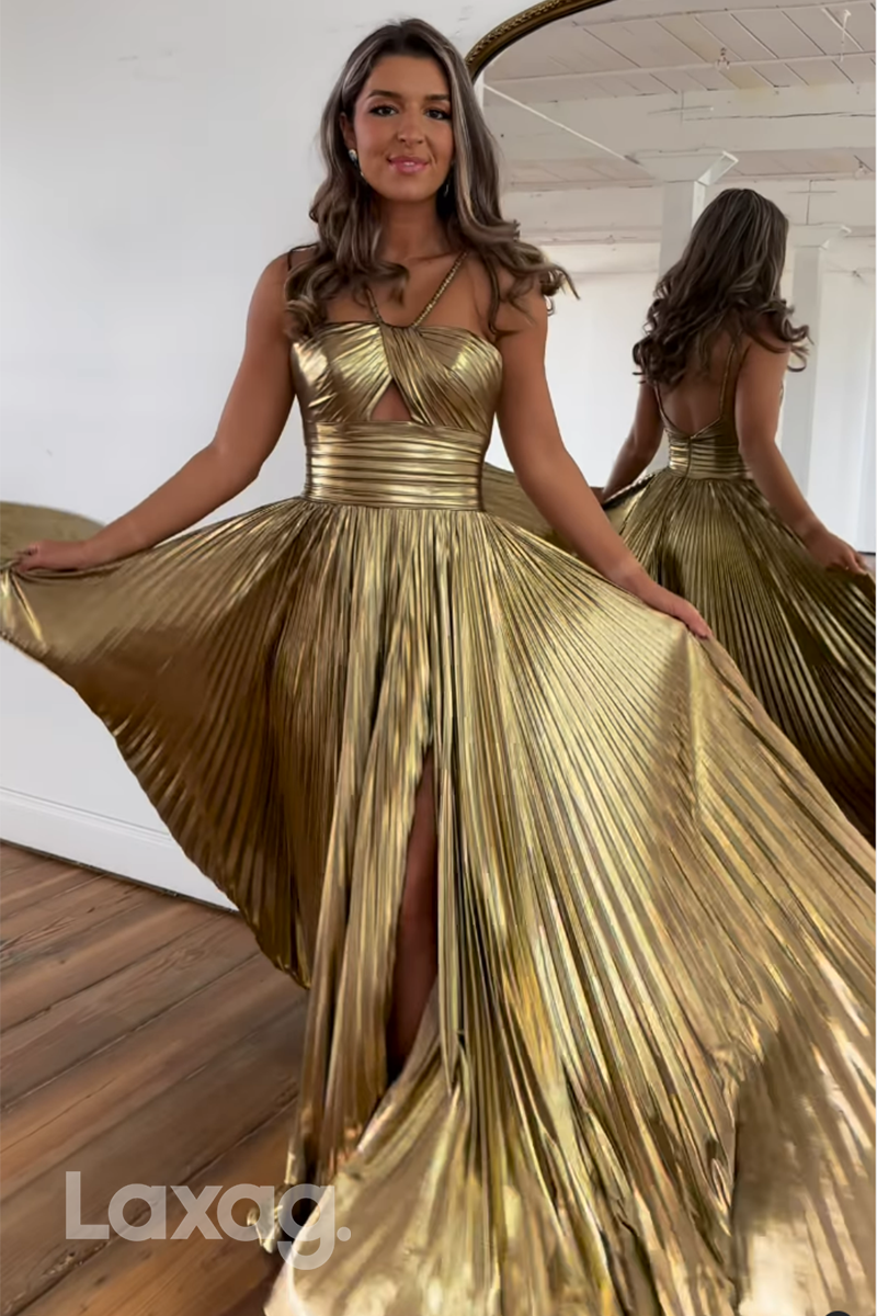 20721 - A Line Halter Ruched Long 2024 Semi Formal Prom Dress with Slit