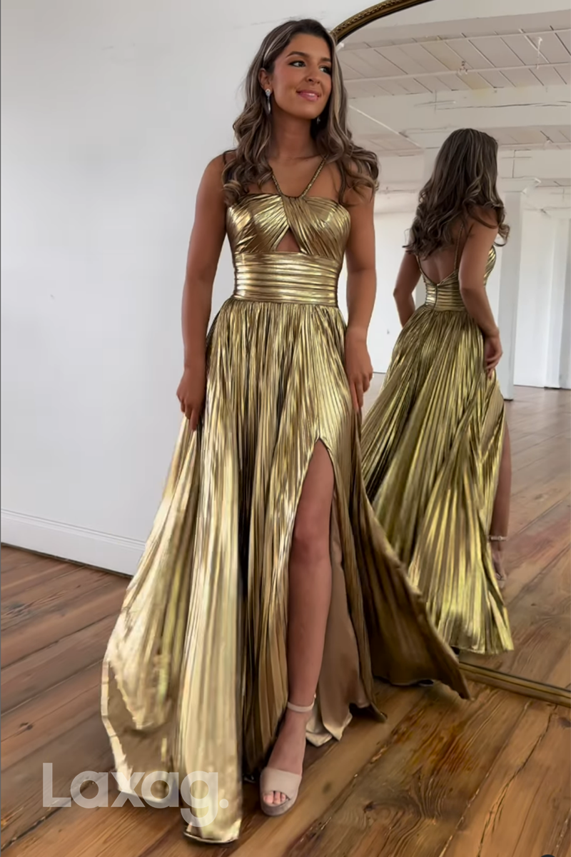 20721 - A Line Halter Ruched Long 2024 Semi Formal Prom Dress with Slit