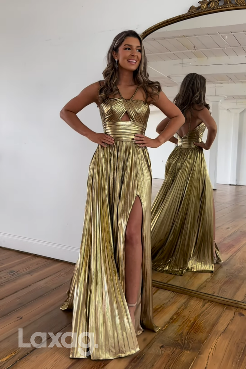 20721 - A Line Halter Ruched Long 2024 Semi Formal Prom Dress with Slit