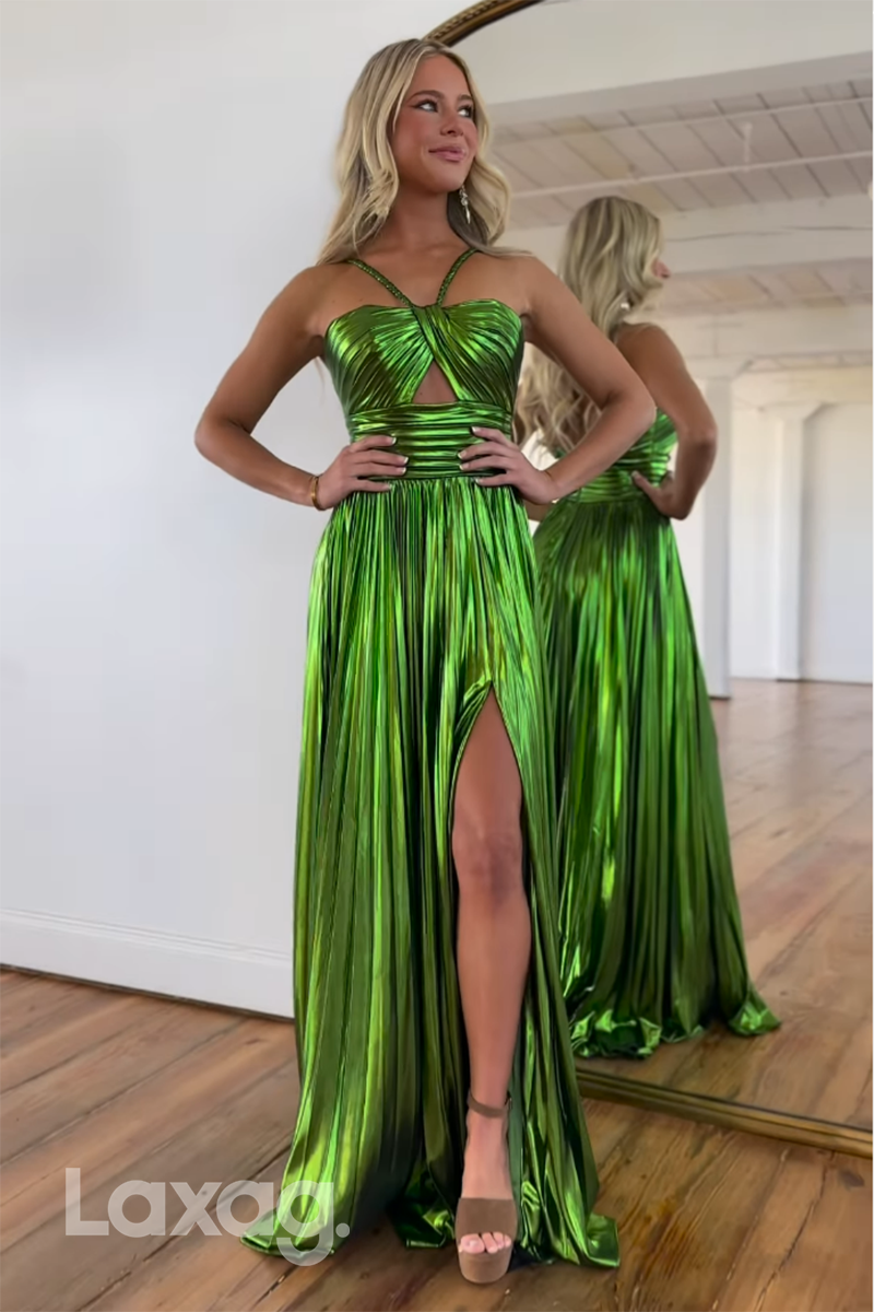 20721 - A Line Halter Ruched Long 2024 Semi Formal Prom Dress with Slit