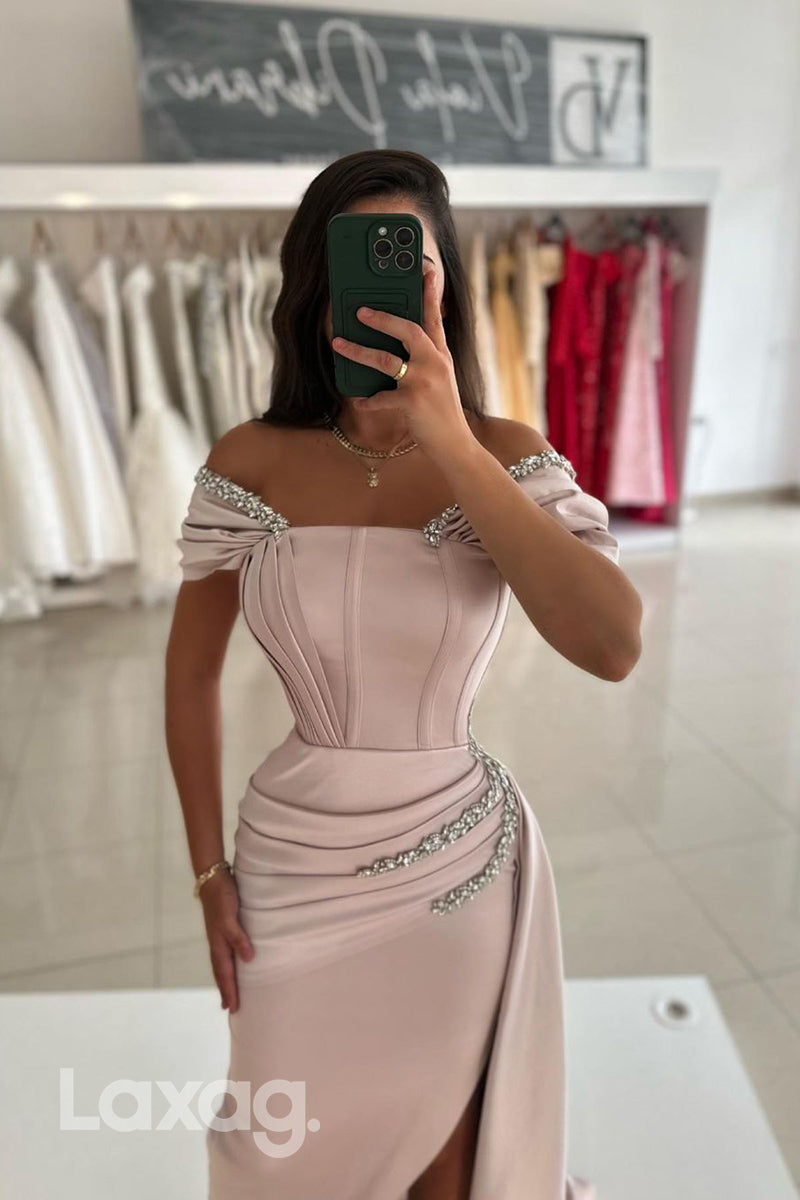 Off the Shoulder Satin Ruched Beads Mermaid Formal Prom Dress with Slit - Fashionpara
