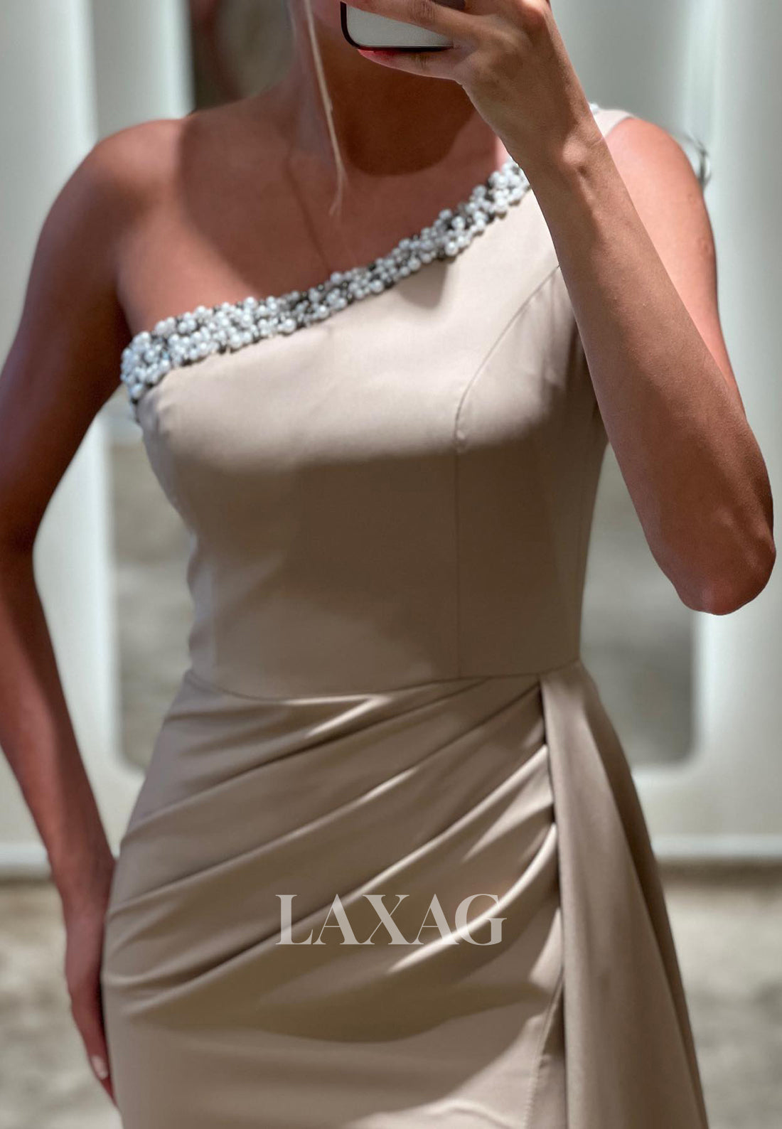 One-Long-Sleeve Mermaid Evening Dress Asymmetrical-Neck Beaded Pleated Mermaid Formal Gowns - Fashionpara