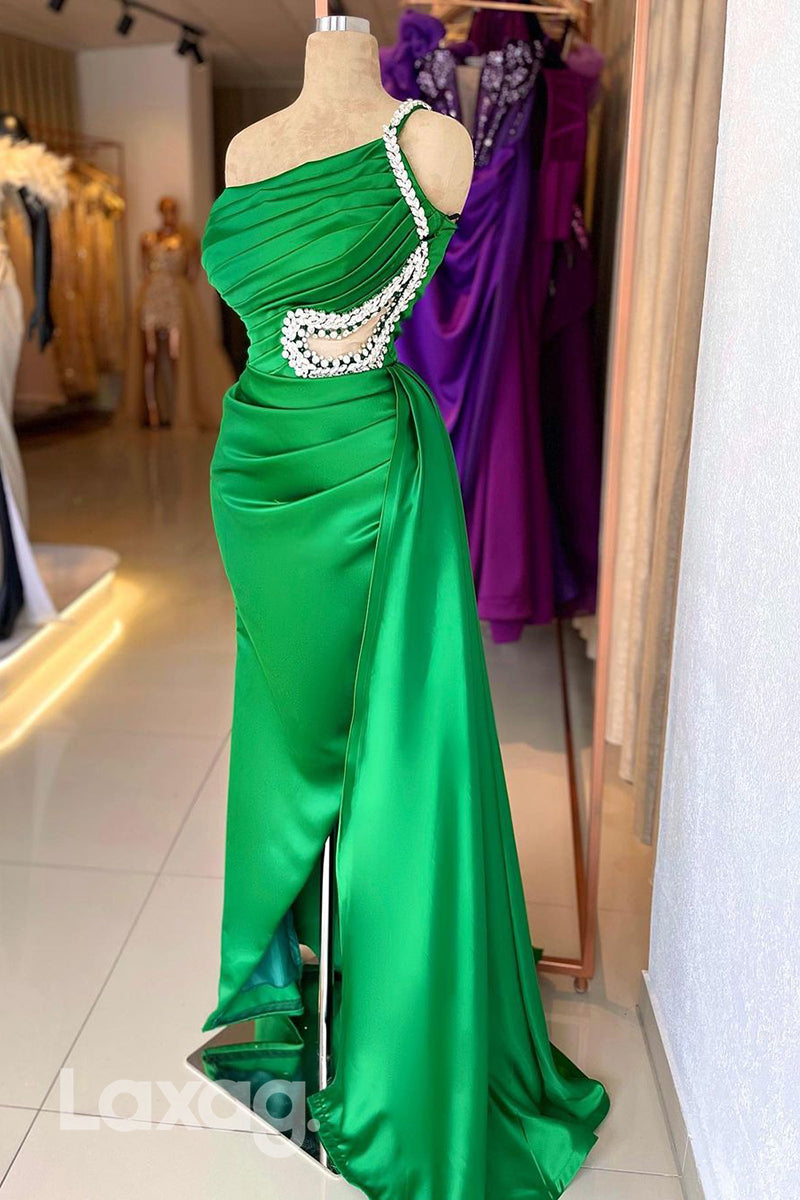 20760 - Chic One Shoulder Satin Ruched Green Long Formal Prom Dress with Slit