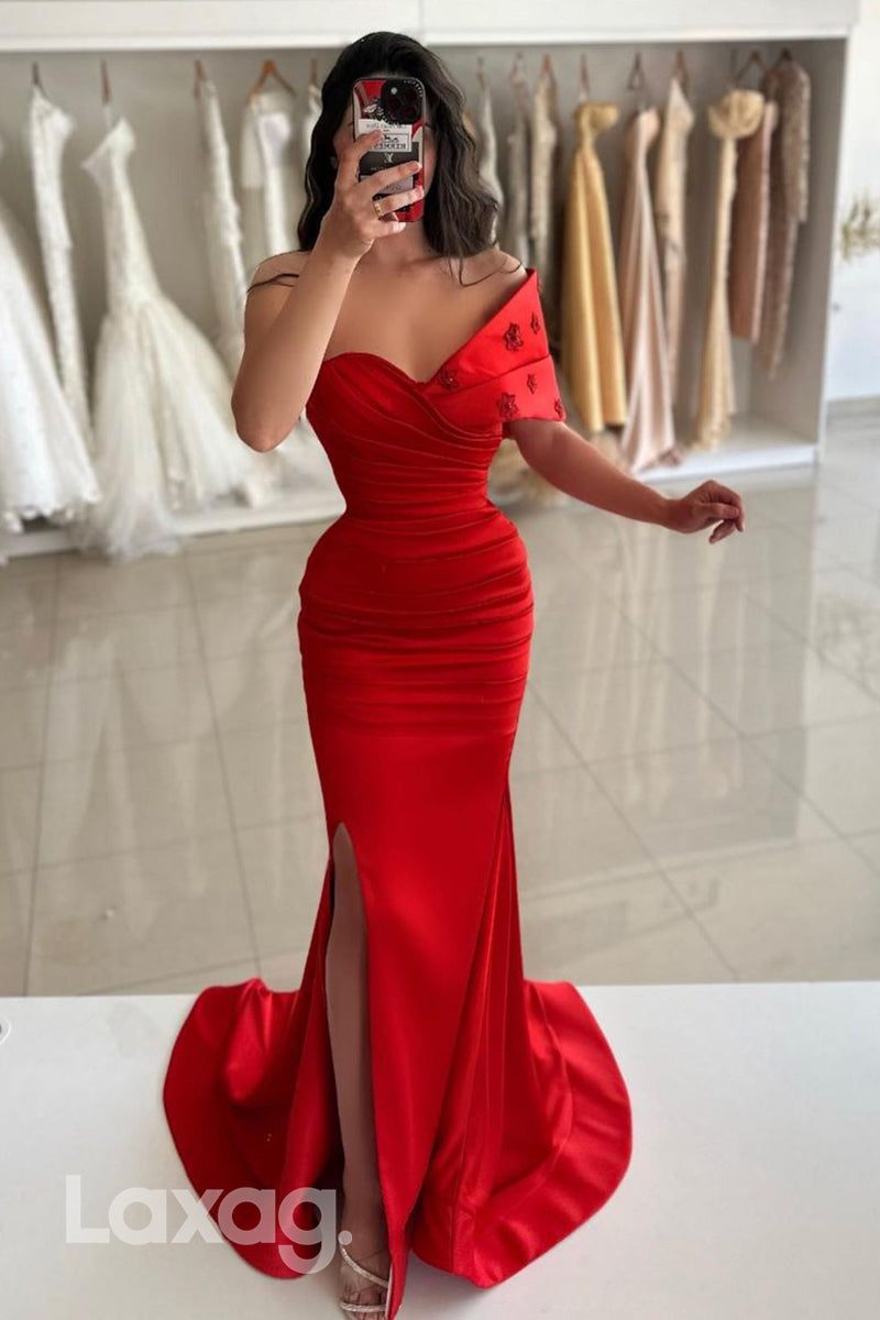 Off Shoulder Red Satin Ruched Mermaid Long Semi Formal Prom Dress with Slit - Fashionpara