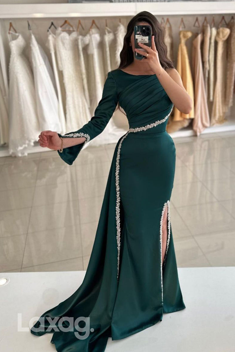Chic Bateau Ruched Side Slit Long Sleeves Formal Evening Gowns - Fashionpara
