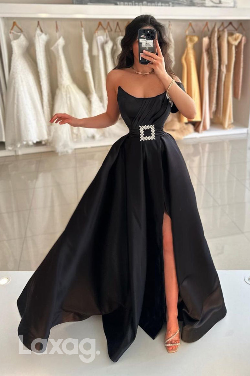 A Line Strapless Satin Ruched Long Formal Prom Dress with Slit - Fashionpara