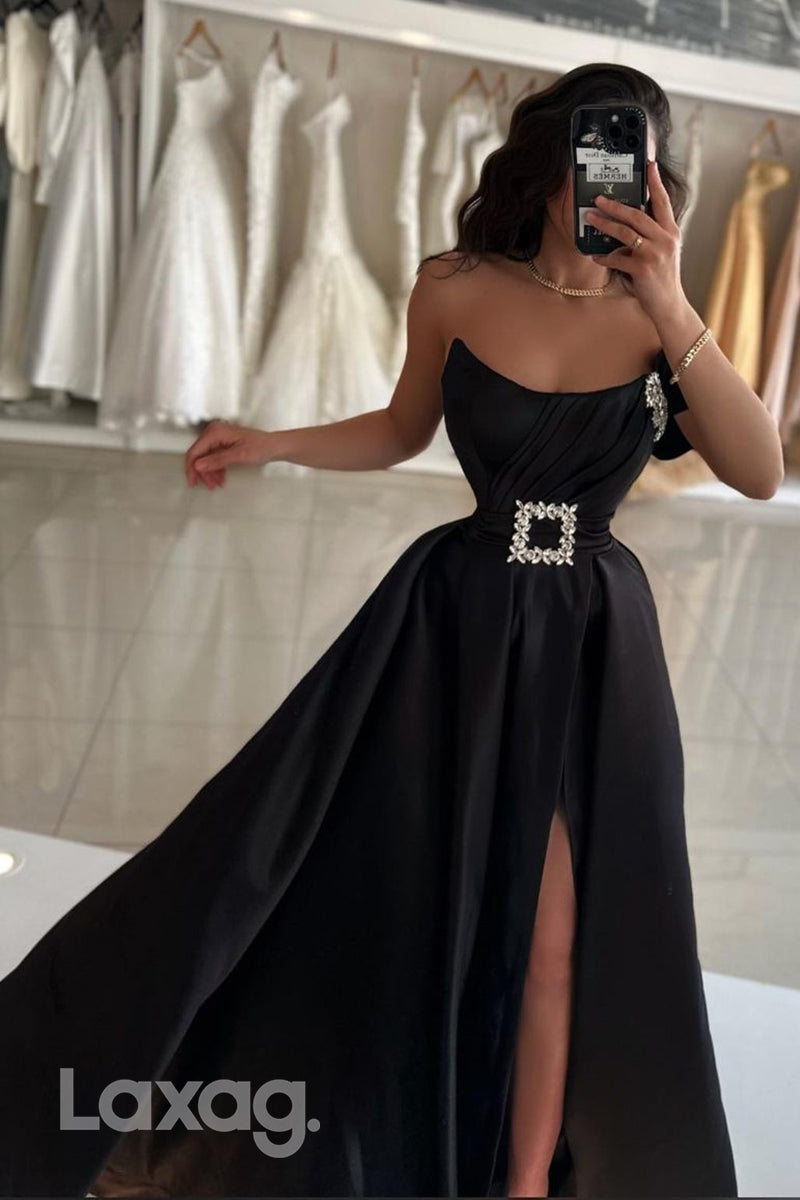 A Line Strapless Satin Ruched Long Formal Prom Dress with Slit - Fashionpara