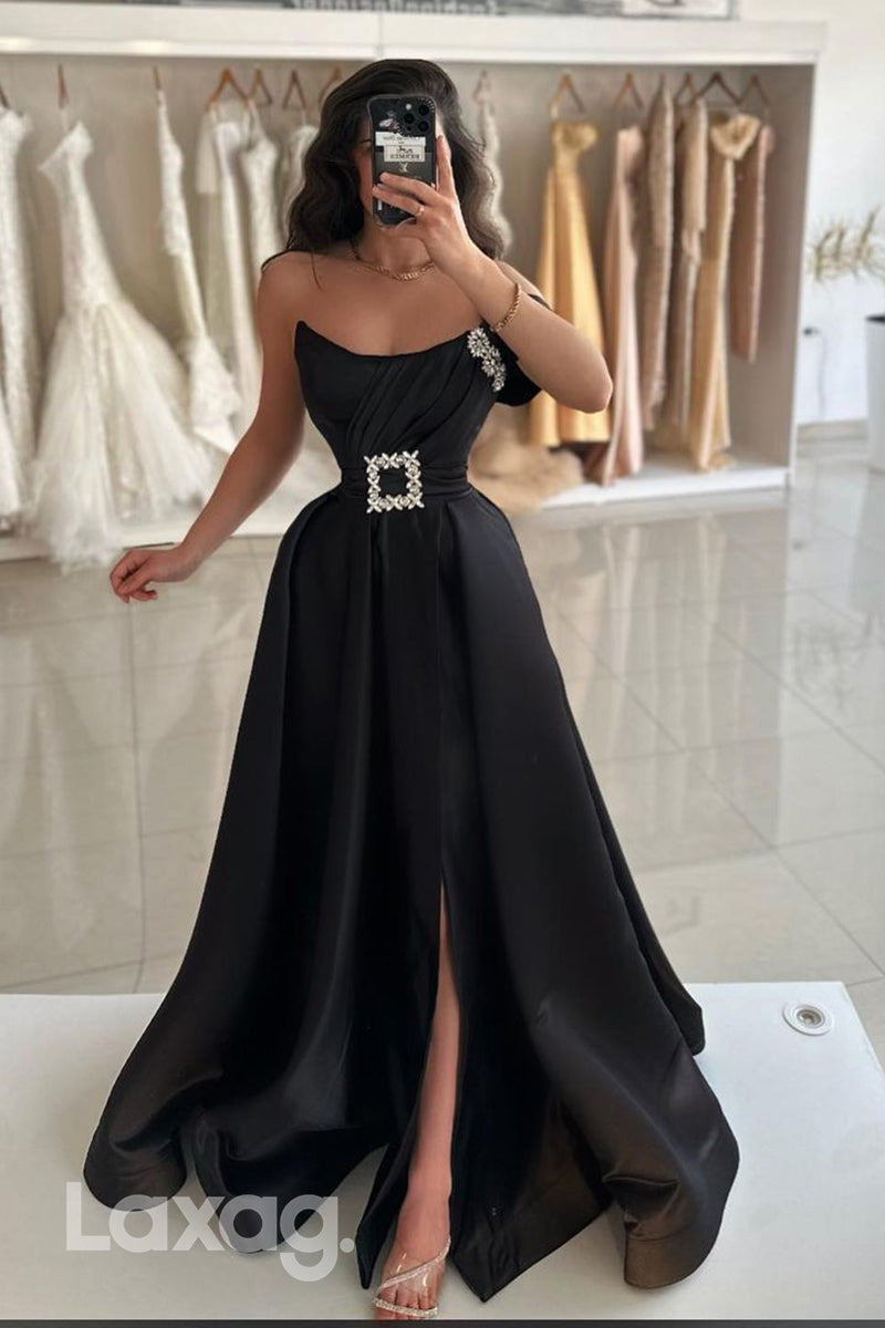 A Line Strapless Satin Ruched Long Formal Prom Dress with Slit - Fashionpara