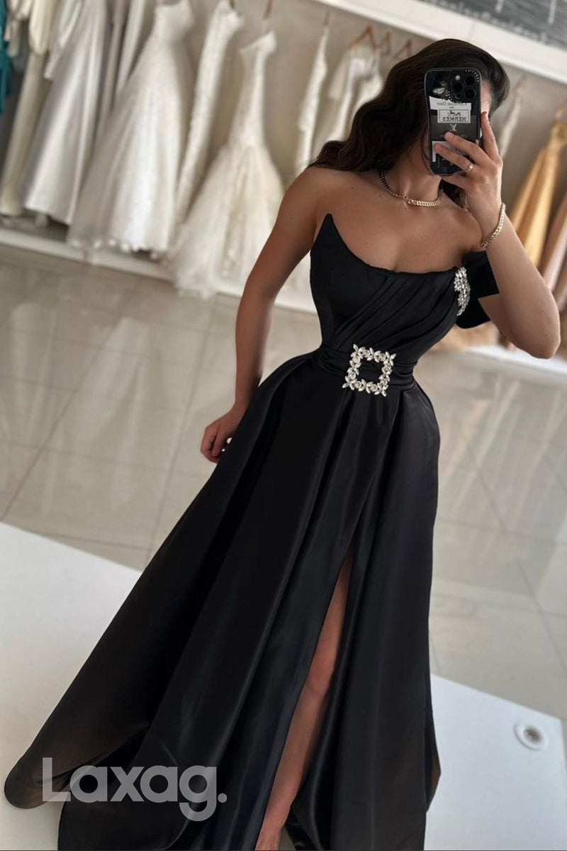 A Line Strapless Satin Ruched Long Formal Prom Dress with Slit - Fashionpara