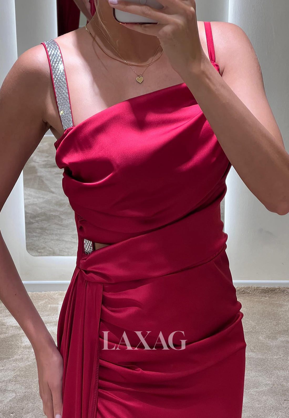 Asymmetrical-Neck Spaghetti Straps Formal Gowns Sleeveless Beaded Pleated Satin Prom Dress - Fashionpara