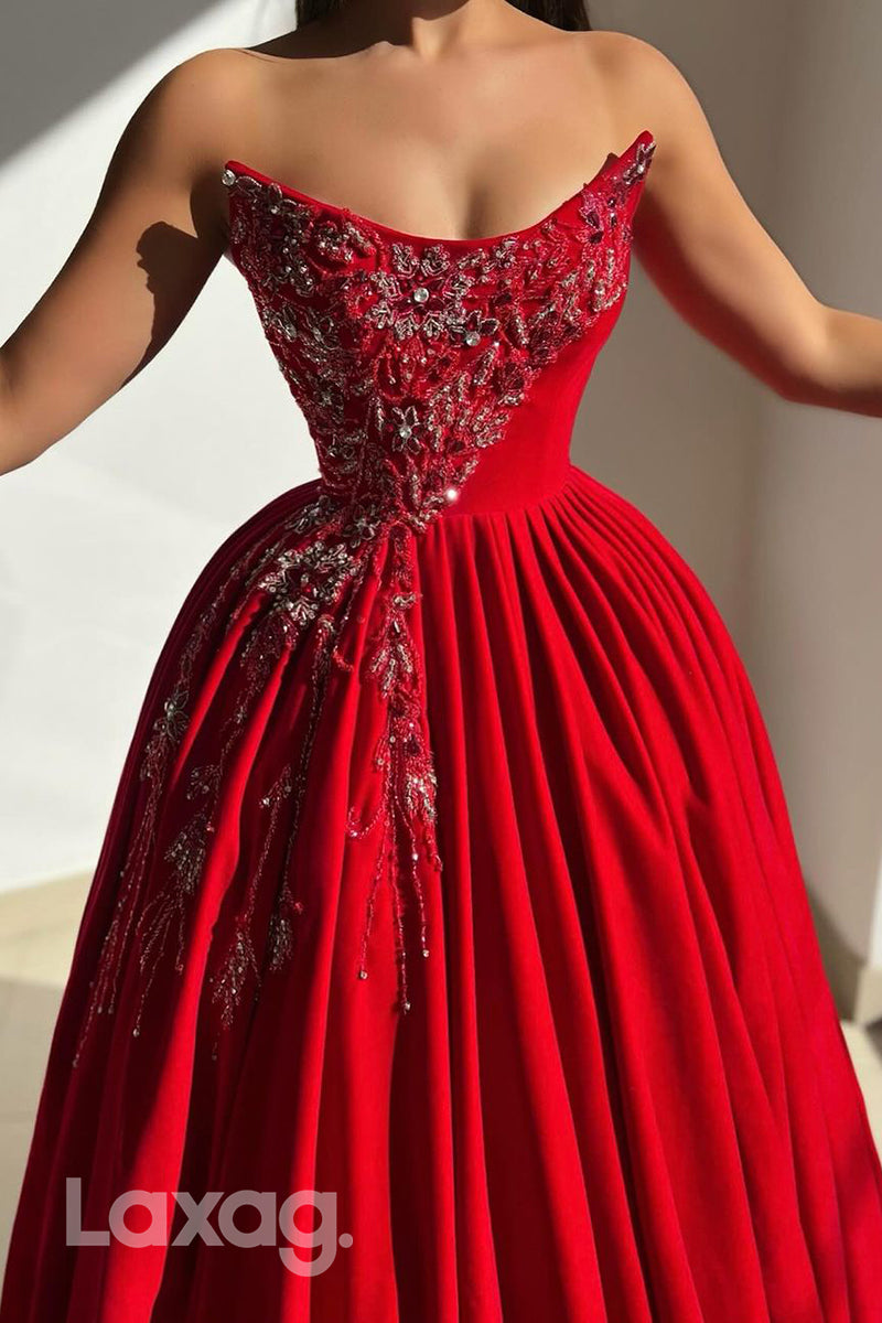 A line Strapless Embroidery Red Long Formal Evening Dress - Fashionpara