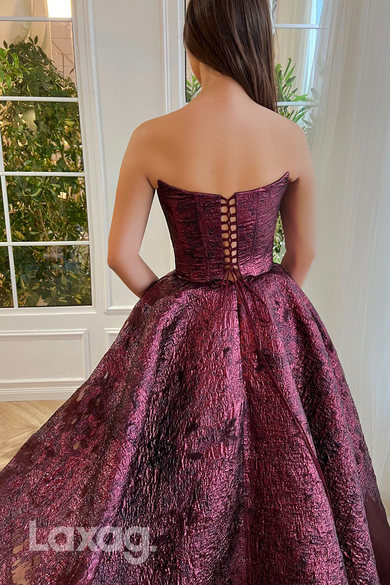 A Line Strapless High Split Burgundy Formal Prom Dress with Pockets - Fashionpara