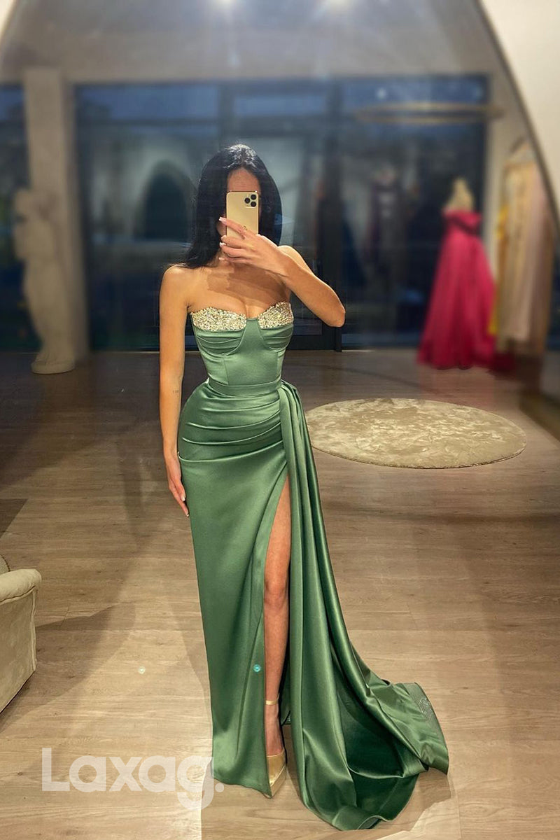 Sheath/Column Sweetheart Ruched Long Semi Formal Prom Dress with Slit - Fashionpara