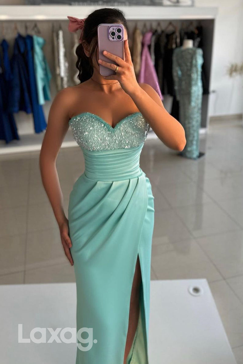 Sheath/Column Sweetheart Ruched Slit Long Formal Party Dress - Fashionpara