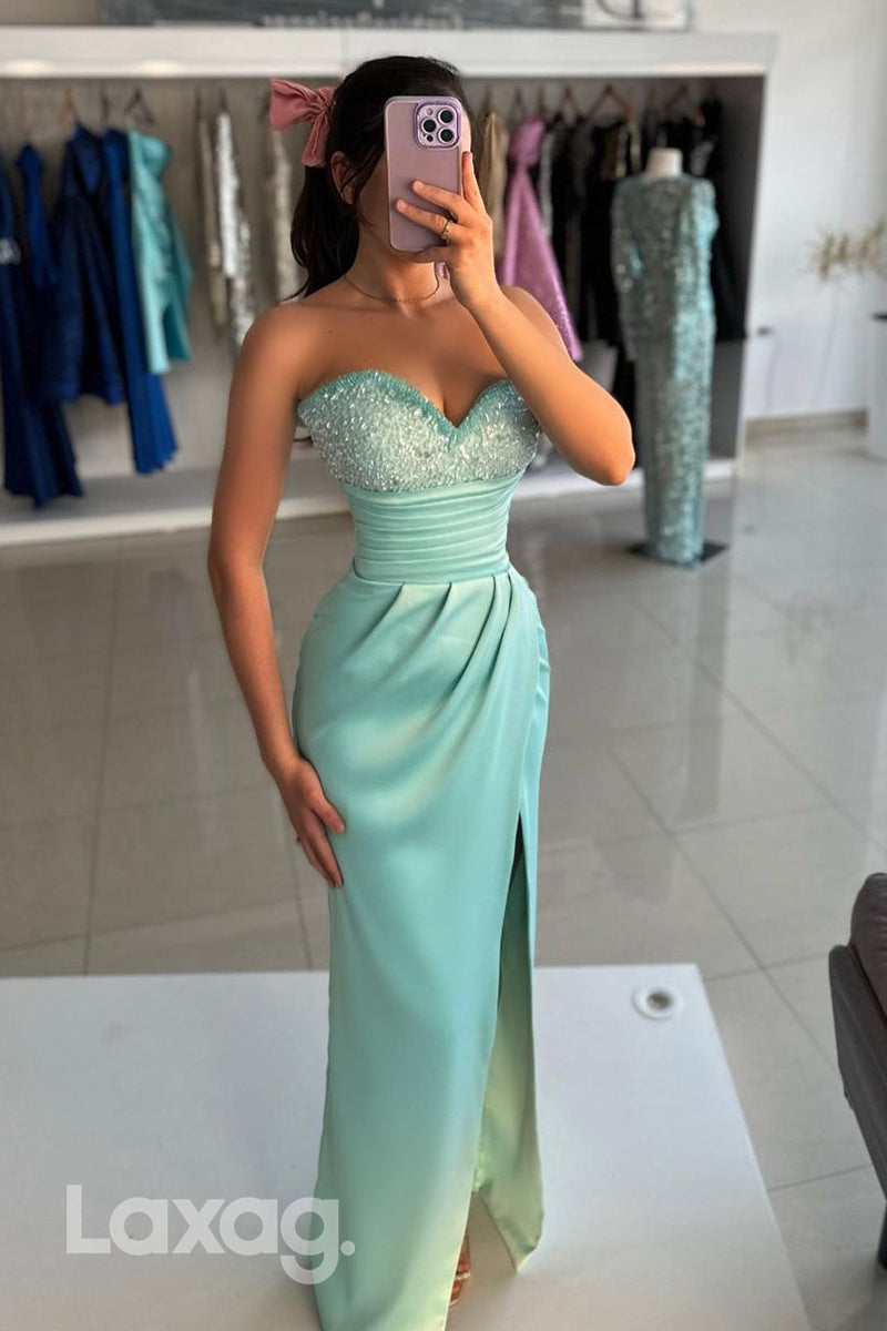 Sheath/Column Sweetheart Ruched Slit Long Formal Party Dress - Fashionpara