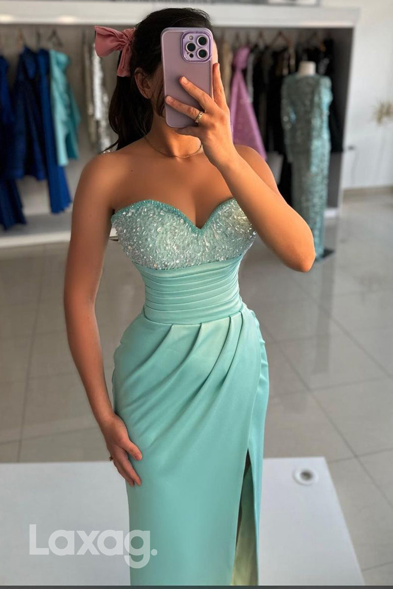 Sheath/Column Sweetheart Ruched Slit Long Formal Party Dress - Fashionpara