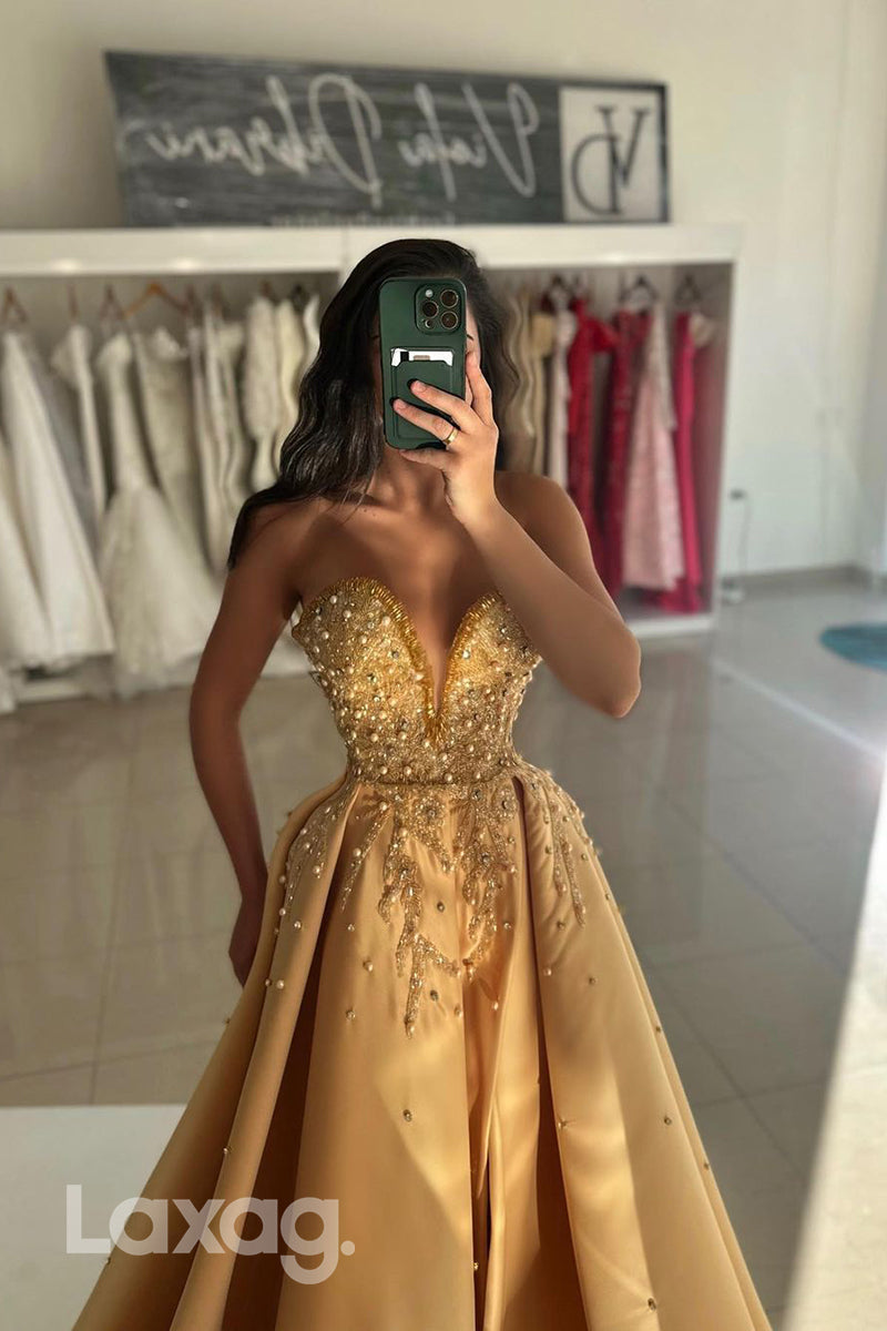 A Line Sexy V neck Beads Long Formal Evening Dress with Slit - Fashionpara