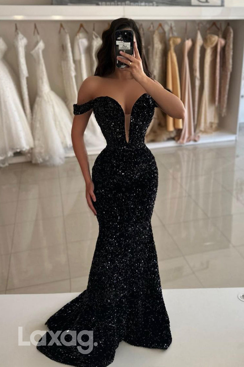 Plunging V neck Fully Sequins Mermaid Sparkly Prom Party Dress - Fashionpara
