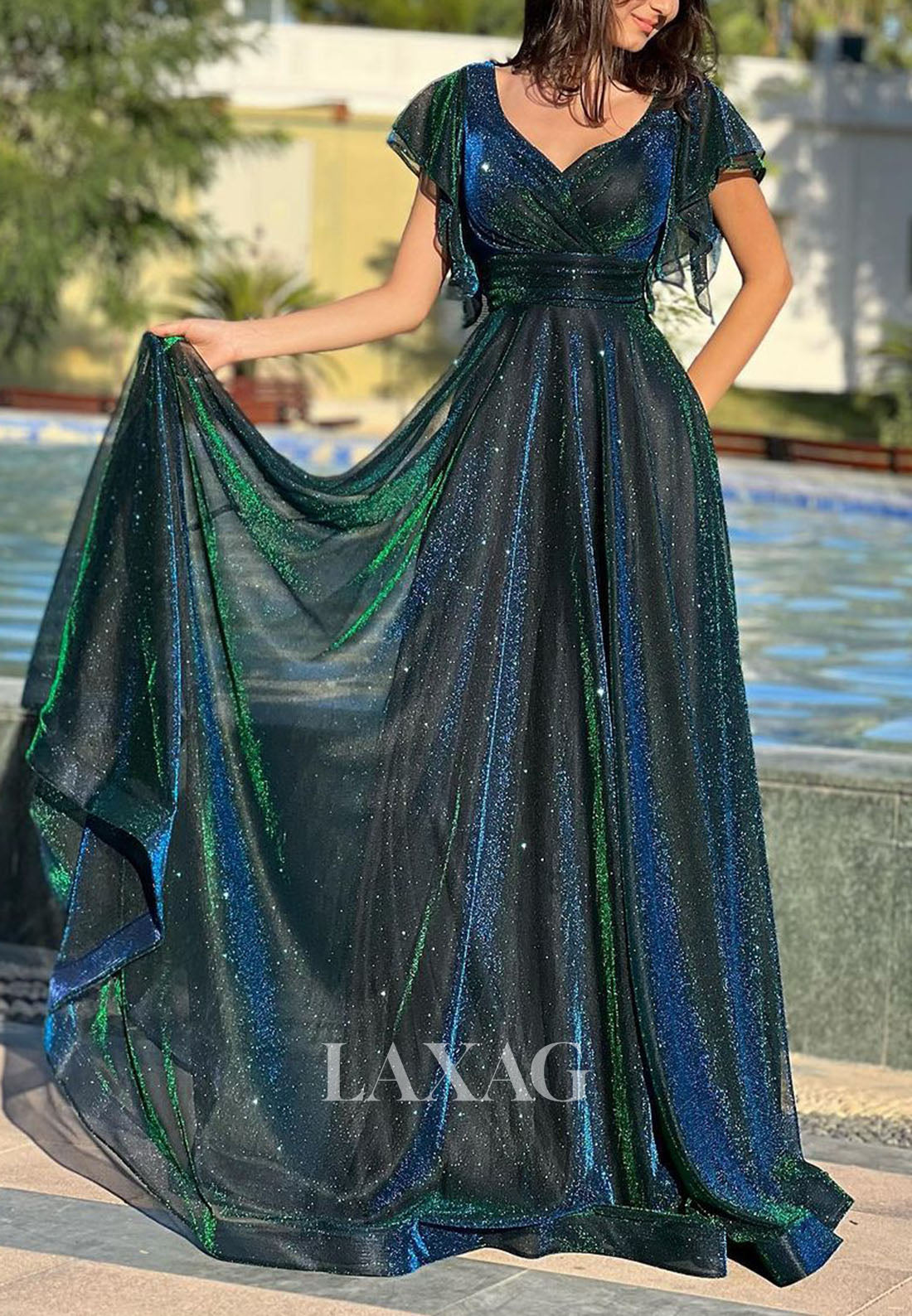 A-Line V-Neck Cap-Sleeves Formal Dress Glitter-Knit Pleated Tulle Prom Dress - Fashionpara