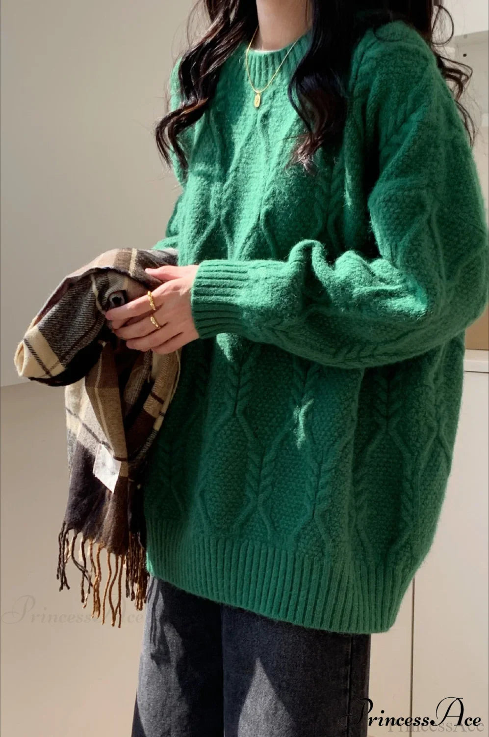 Lazy Style Candy-Colored Cable-Knit Sweater Green / One Size