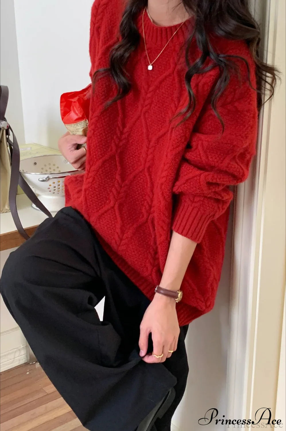 Lazy Style Candy-Colored Cable-Knit Sweater Red / One Size