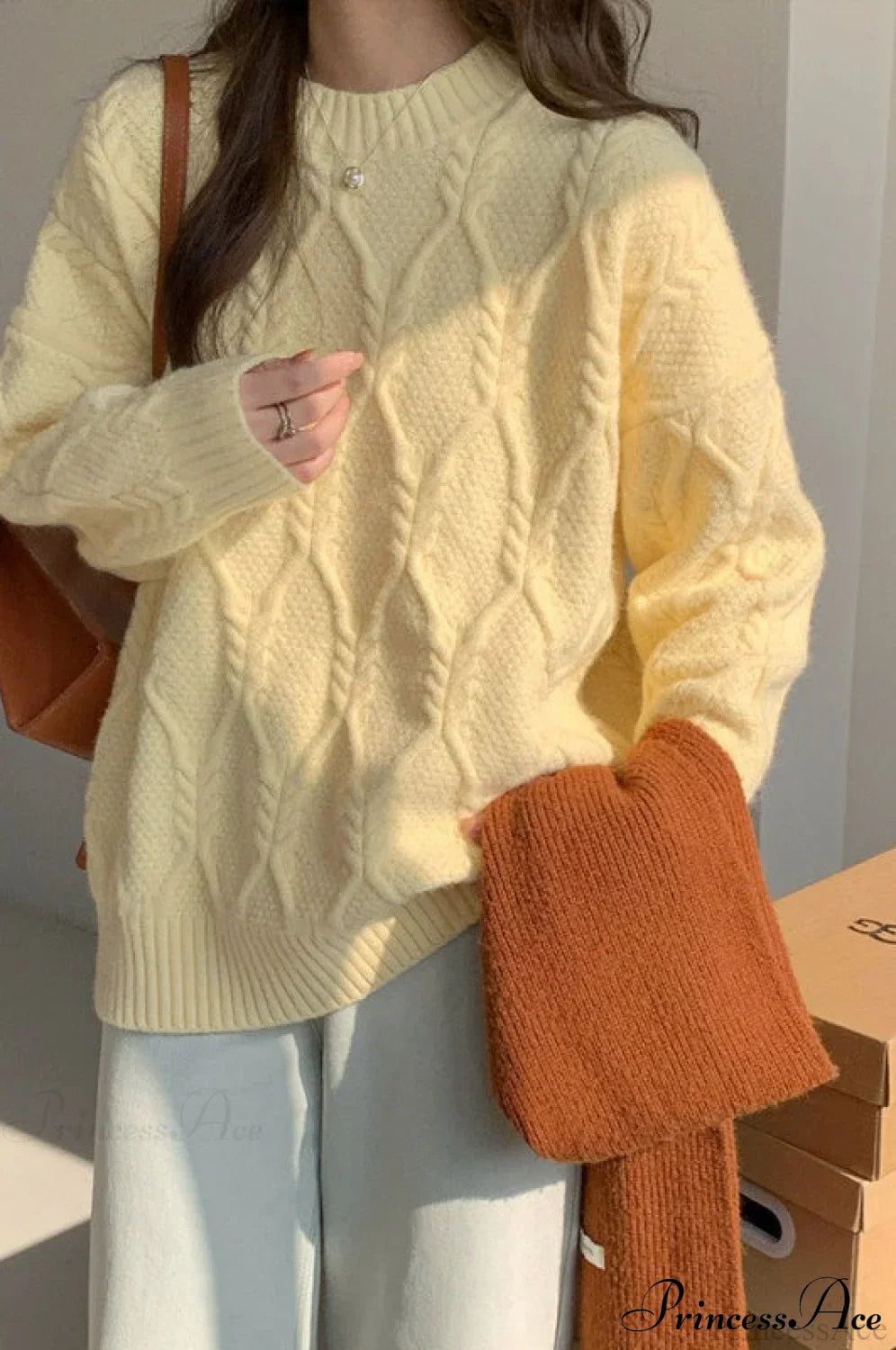 Lazy Style Candy-Colored Cable-Knit Sweater Yellow / One Size