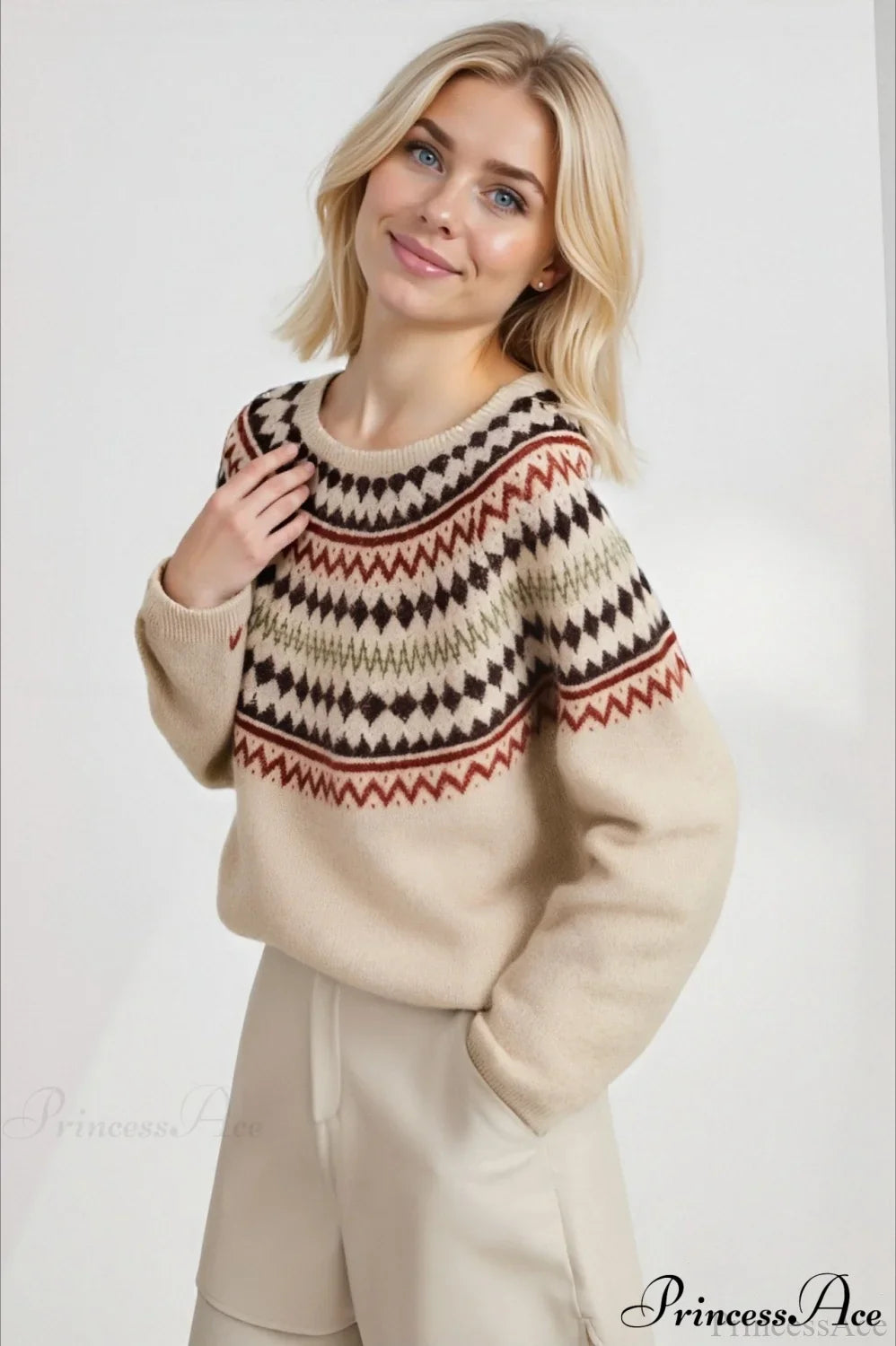 PrincessAce Retro Fair Isle Crew-Neck Sweater for All-Day Style