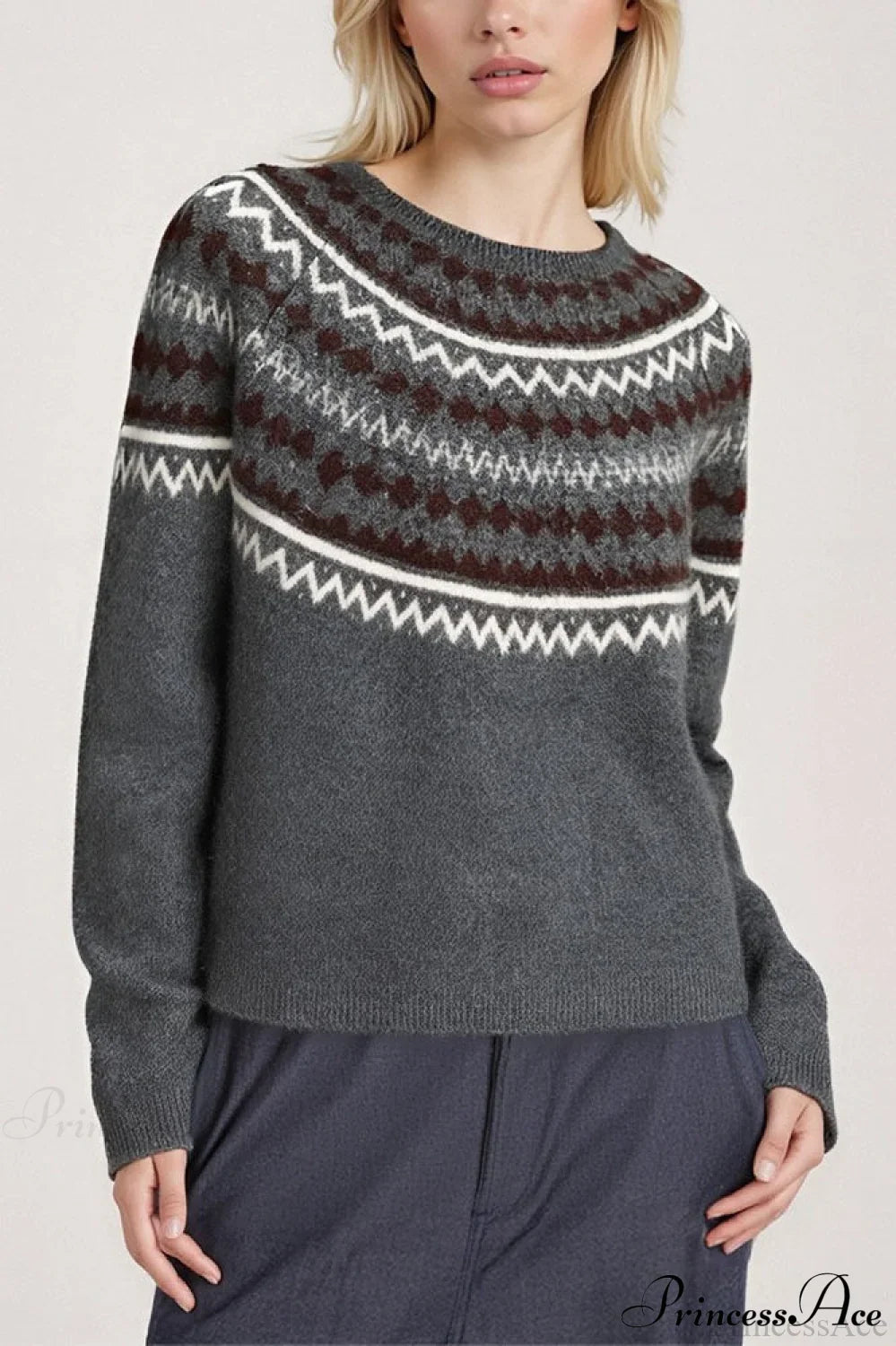 Lazy-Style Fair Isle Retro Versatile Crew-Neck Sweater Grey / One Size